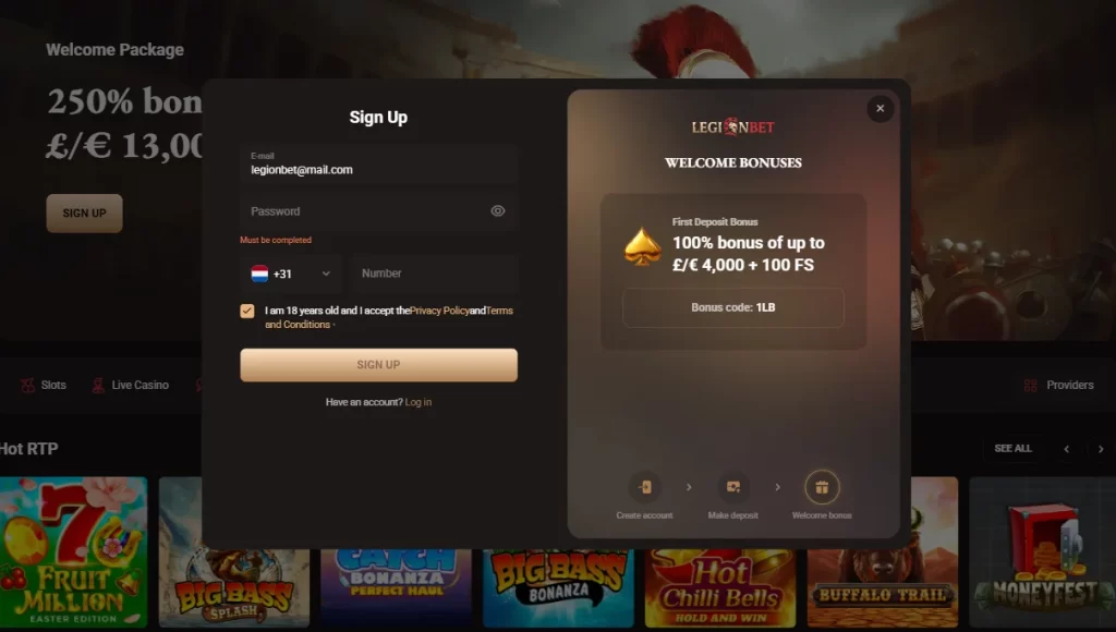 LegionBet-aanmeldingsformulier met welkomstbonus