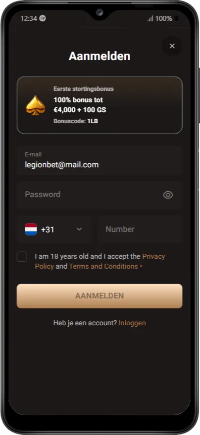 Een account aanmaken via de app bij LegionBet