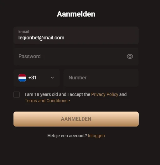 LegionBet Aanmeldvenster en knop